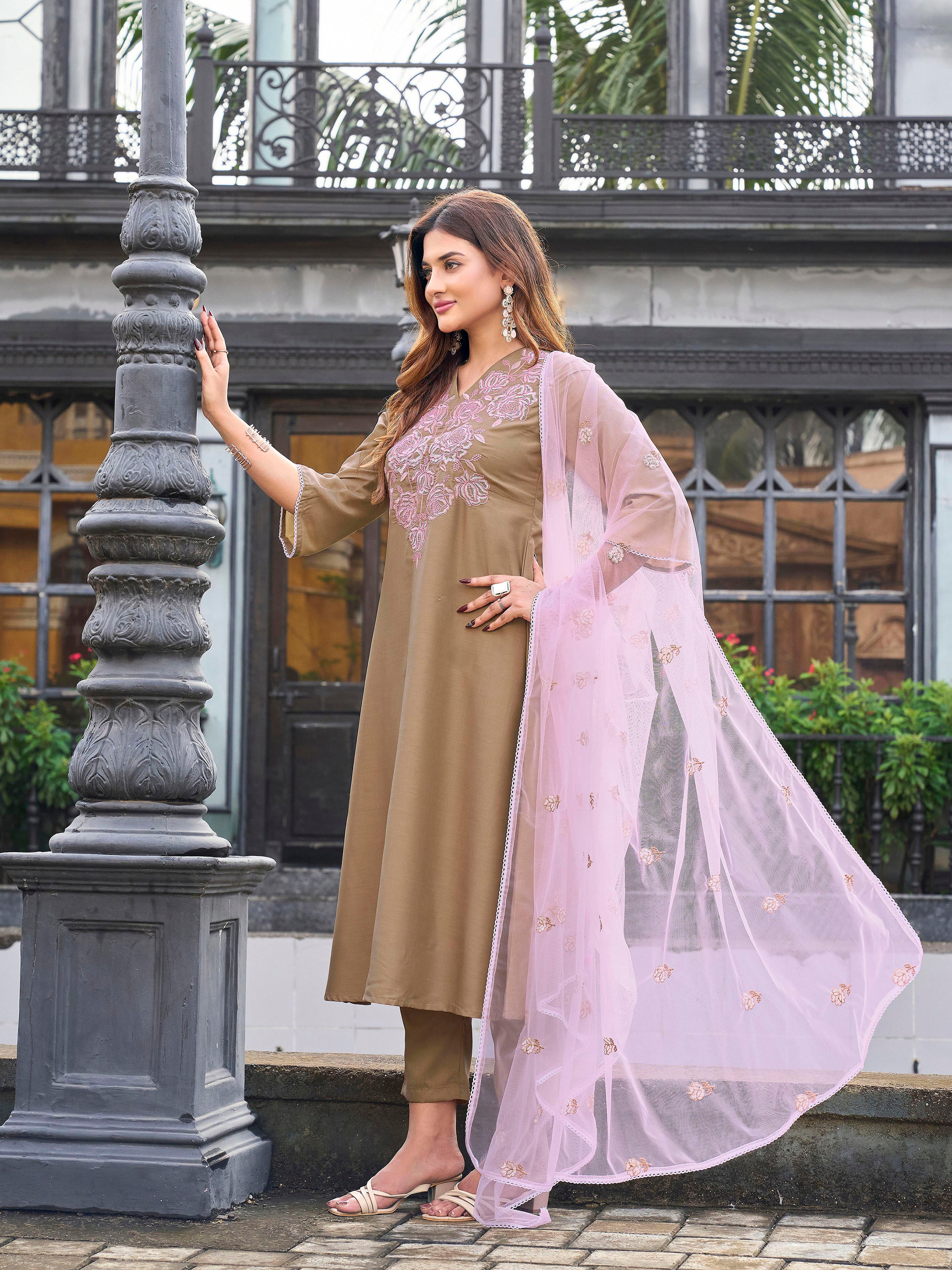 Beige color silk blend with pink thread embroidered kurta & trouser with dupatta set